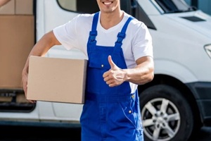 two removal company workers unloading boxes from minibus into new home