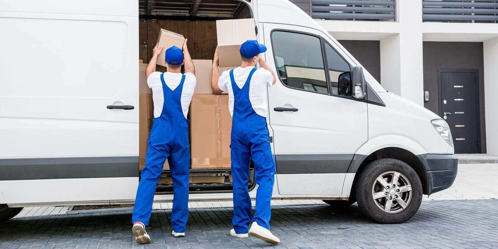 Two movers loading cardboard boxes into a white moving van.