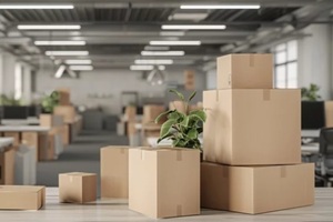 big open plan office space with office furniture Packing cardboard mockup boxes and cartons at the foreground