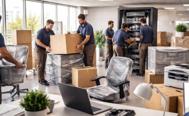 movers staff packing office goods