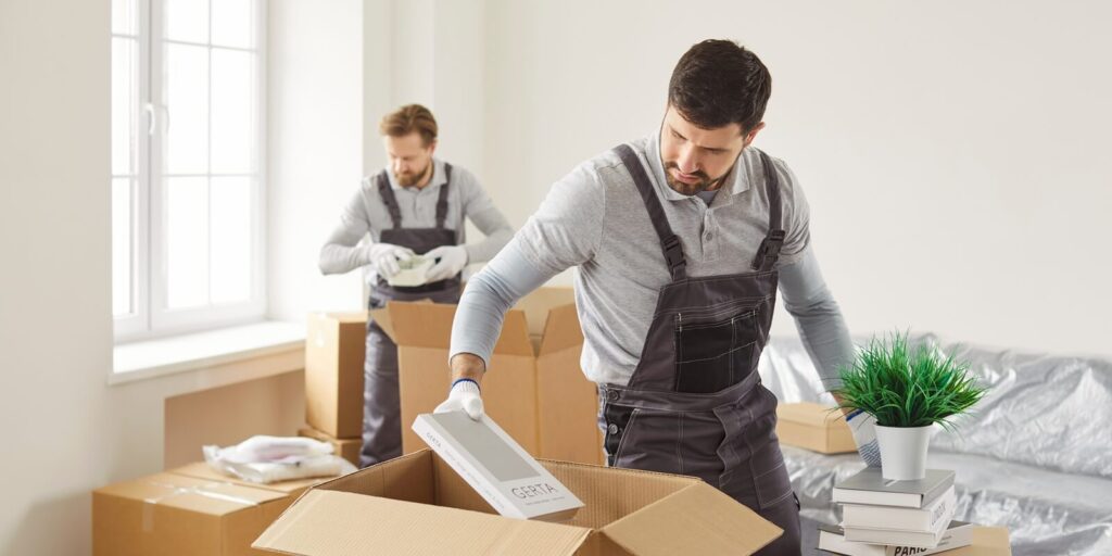 young confident professional workers movers of moving service in overalls delivering and unpacking cardboard boxes in new office or at home