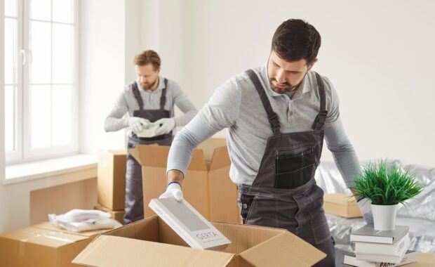 young confident professional workers movers of moving service in overalls delivering and unpacking cardboard boxes in new office or at home
