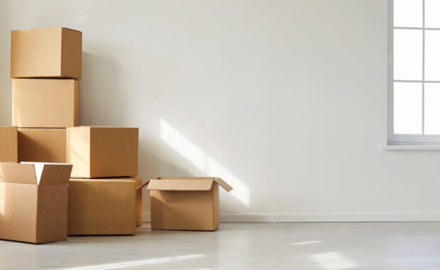 stack of cardboard boxes in empty sunlit room near large window