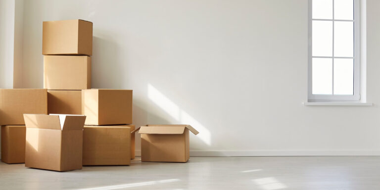 stack of cardboard boxes in empty sunlit room near large window